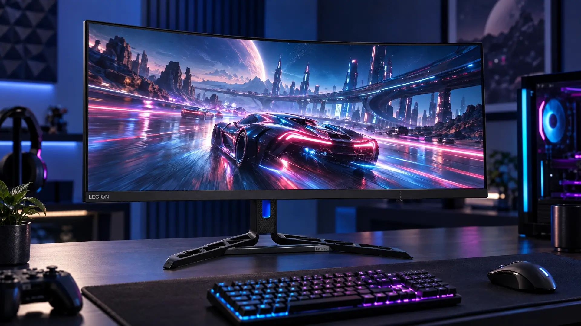 Lenovo Legion R34w-30 curved ultrawide gaming monitor on a desk in a neon-lit gaming setup
