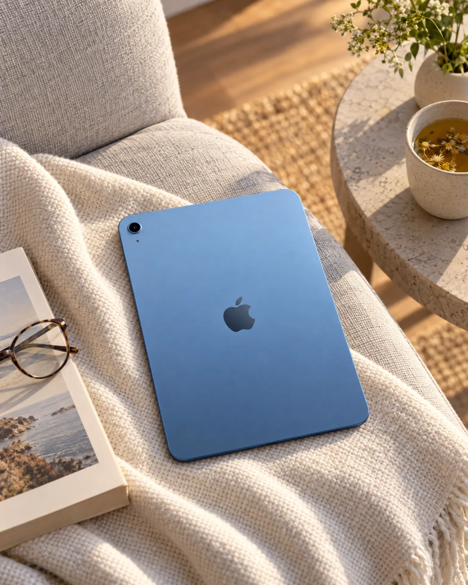 Blue Apple iPad 11-inch lying face down on a cozy cream chair with a soft blanket, next to a book, glasses, and a cup of tea