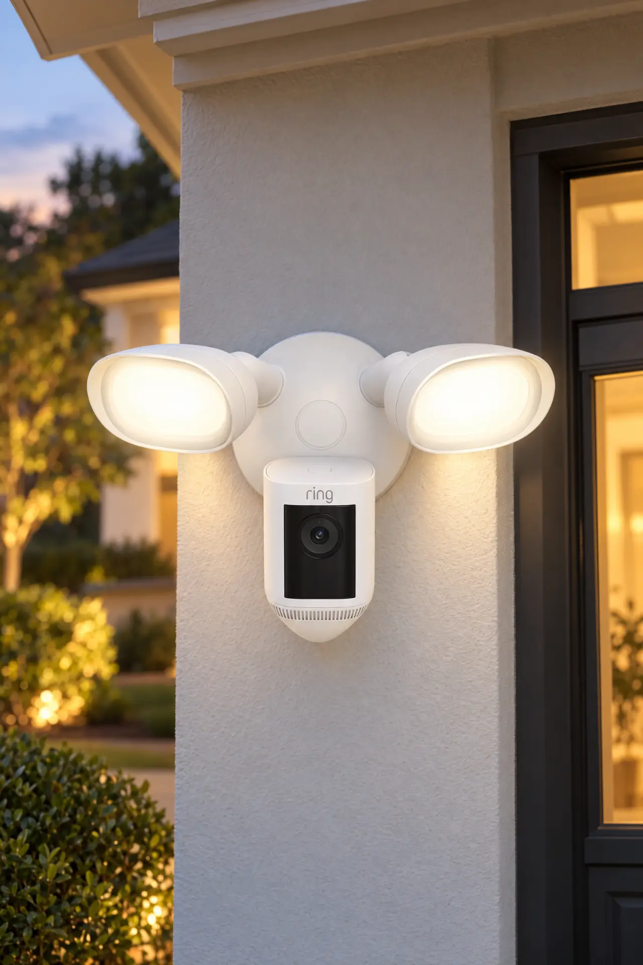 Ring Floodlight Cam Wired Pro mounted above a garage door with both floodlights glowing at dusk