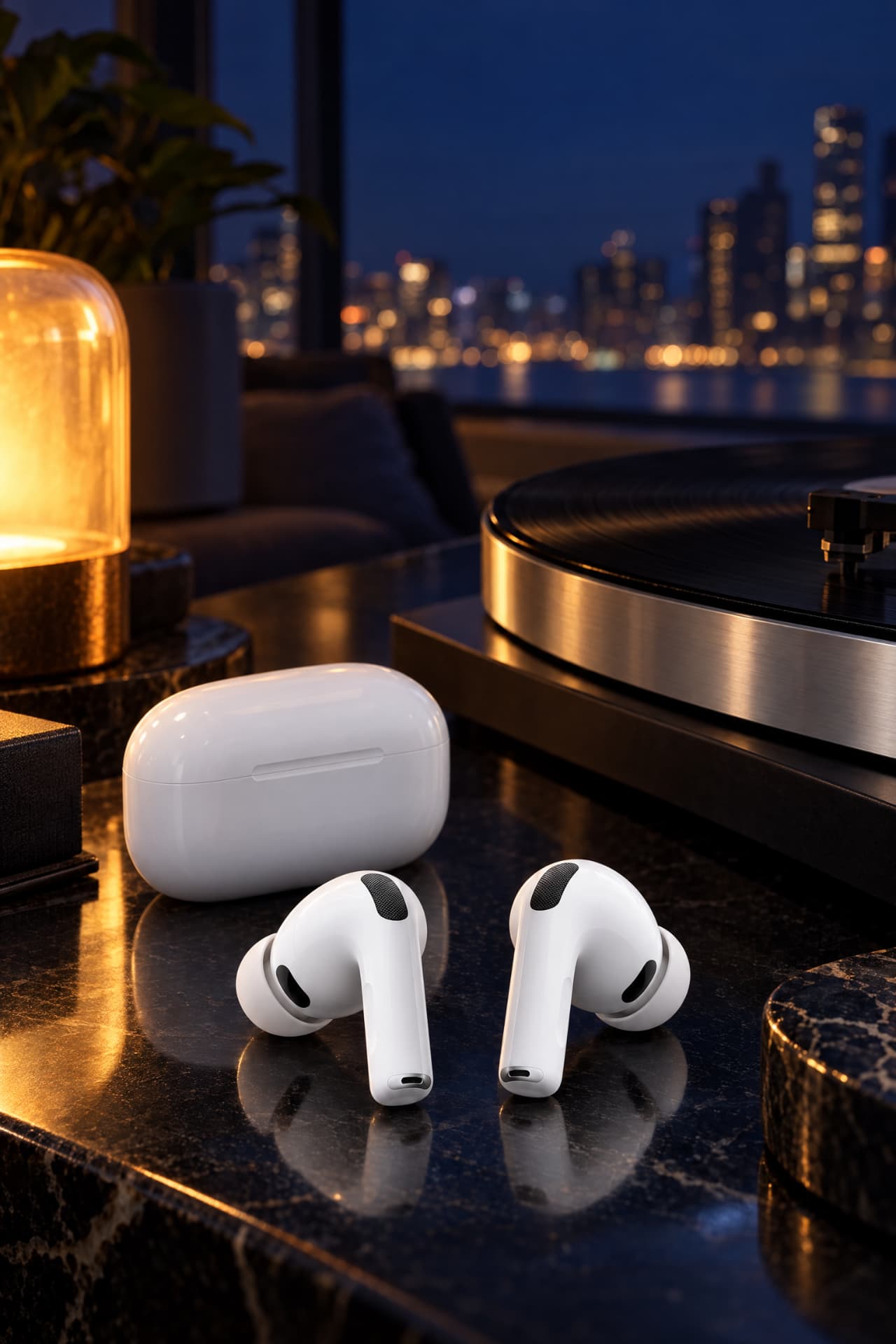 Apple AirPods Pro 3 earbuds and charging case on a dark marble table beside a record player, with a city skyline glowing at night through a window.