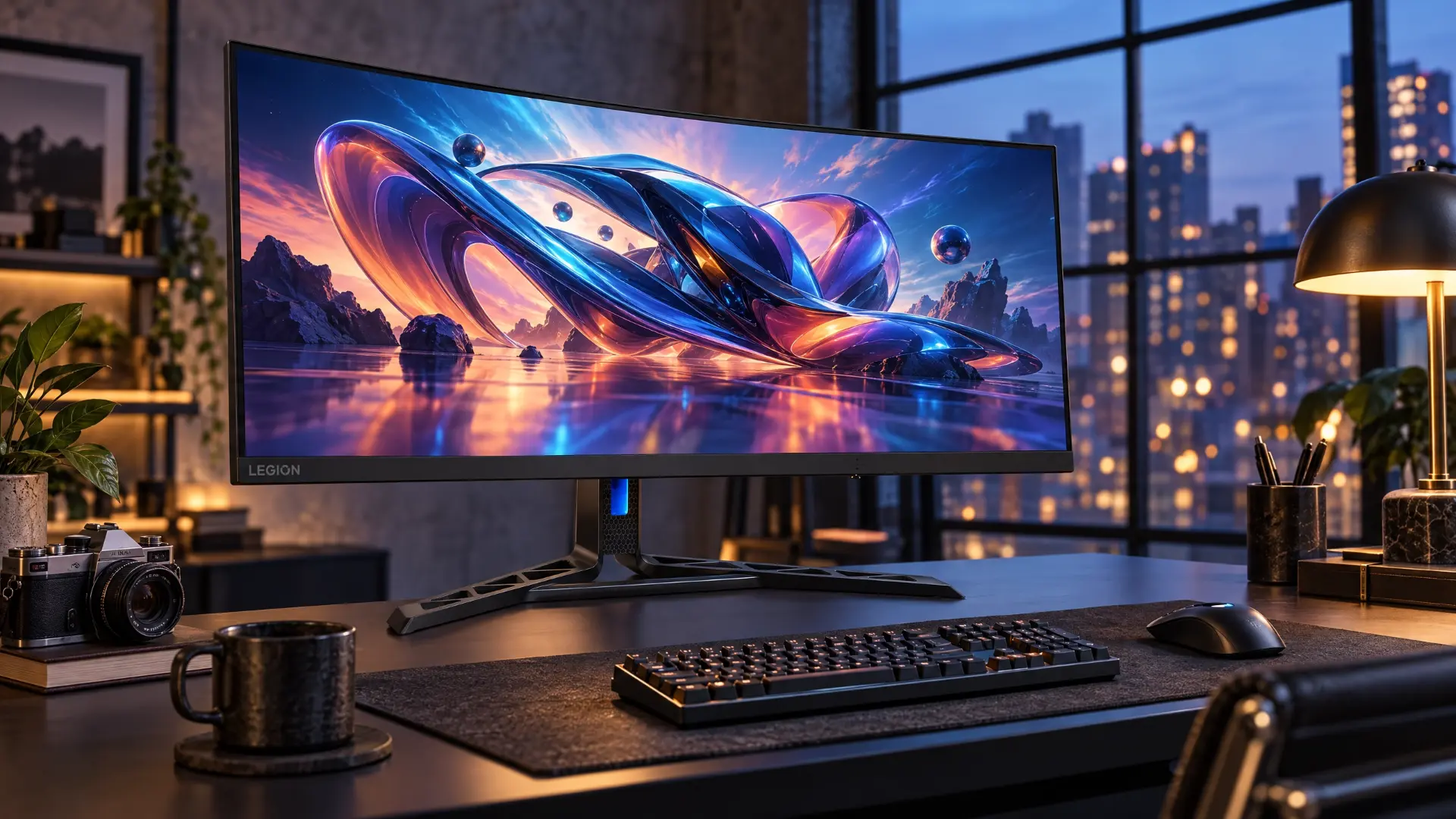 Lenovo Legion R34w-30 curved ultrawide gaming monitor on a desk in a cozy loft office at night