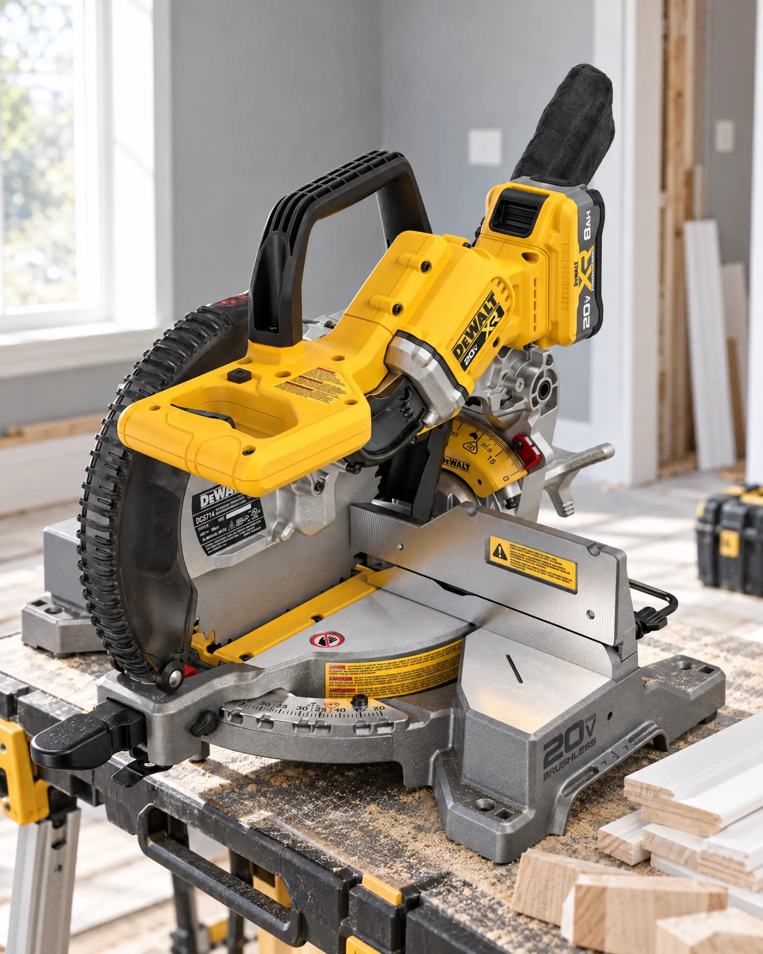 DEWALT 20V MAX XR brushless 10-inch cordless miter saw on a jobsite workbench surrounded by sawdust and cut trim pieces