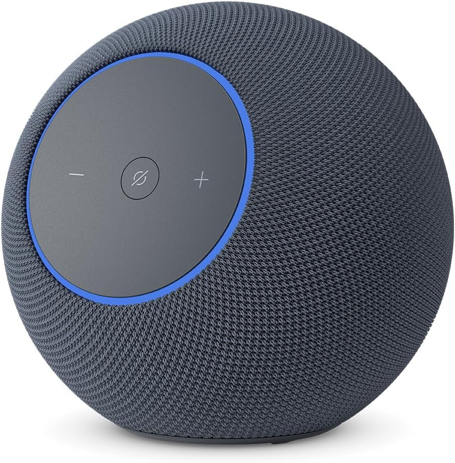 Amazon Echo Studio 2nd Gen spherical smart speaker in dark blue with its front control panel lit